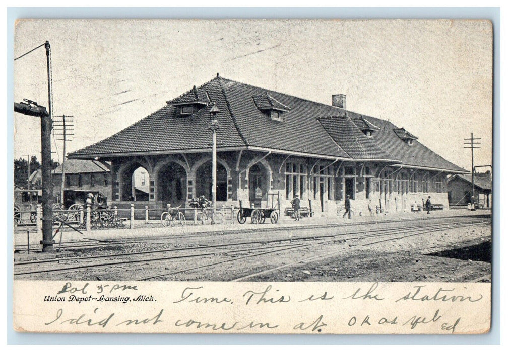 1906 Union Depot Train Station Wagon Lansing Michigan MI Antique Postcard
