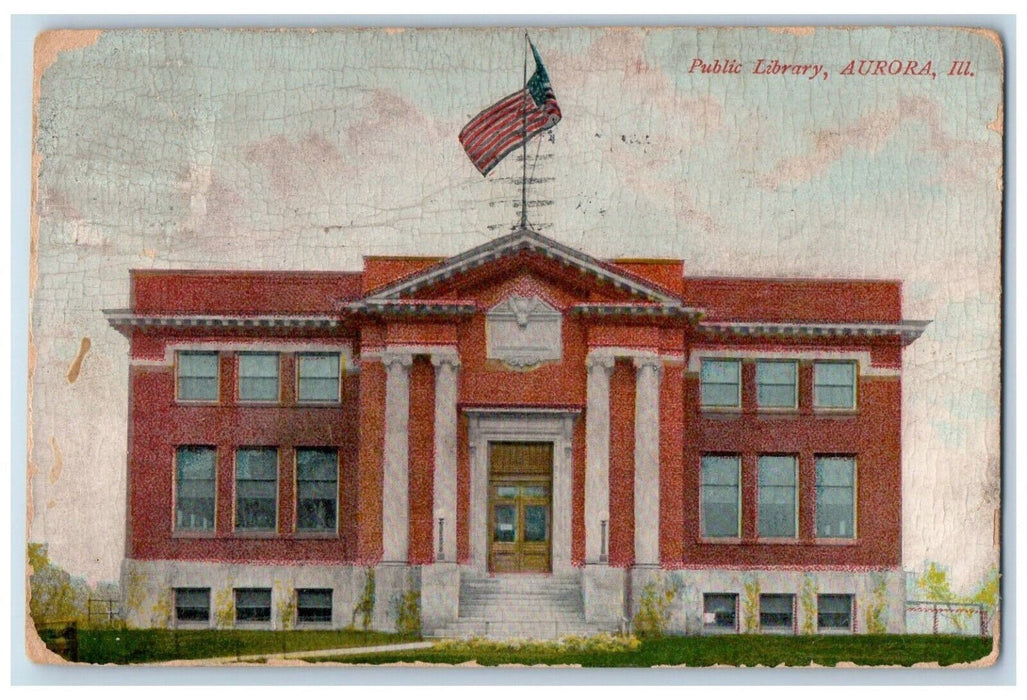 1914 Public Library Building Front View Aurora Illinois IL Antique Postcard