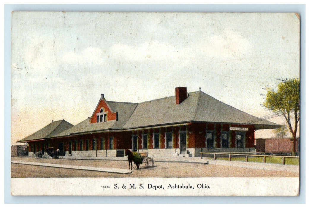 1909 S. & M. S. Depot Train Station Horse And Wagon Ashtabula Ohio OH Postcard