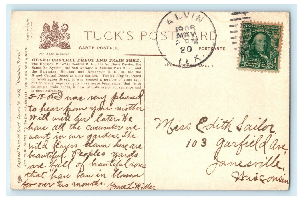 1908 Grand Central Depot and Train Shed, Houston Texas TX Tuck Postcard