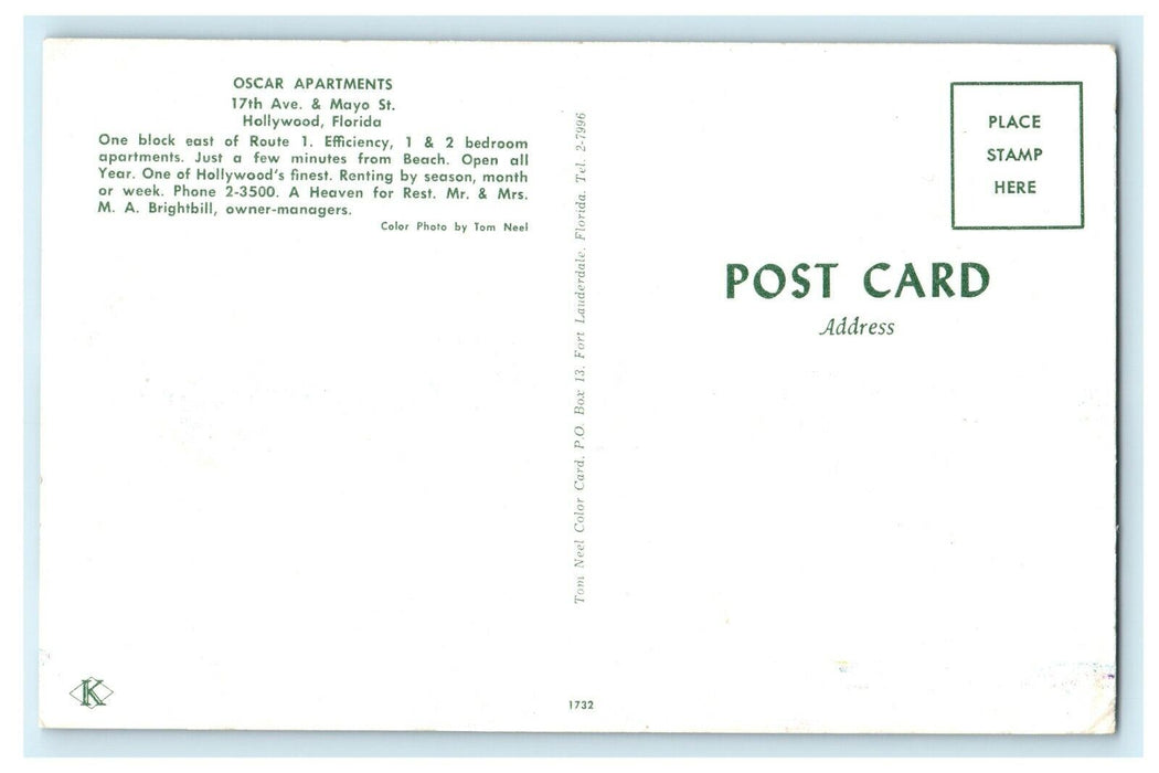 1940 Oscar Apartments, 17th & Mayo St. Hollywood, Florida FL Postcard