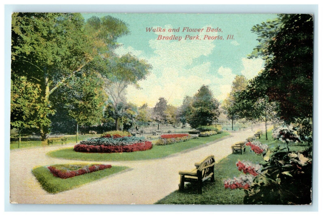 1913 Walks and Flower Beds, Bradley Park, Peoria Illinois IL Antique Postcard