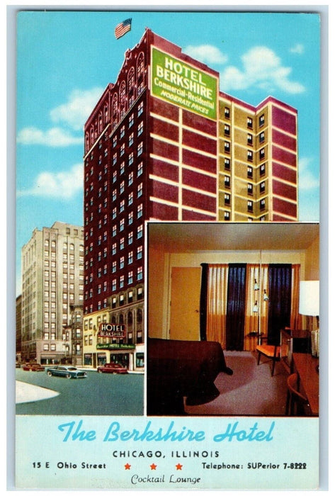c1960's The Berkshire Hotel Room View Cars Chicago Illinois IL Vintage Postcard