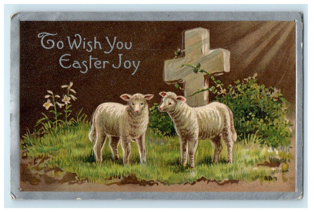 c1910's Greetings Easter Joy Cross Lambs Embossed Germany Postcard