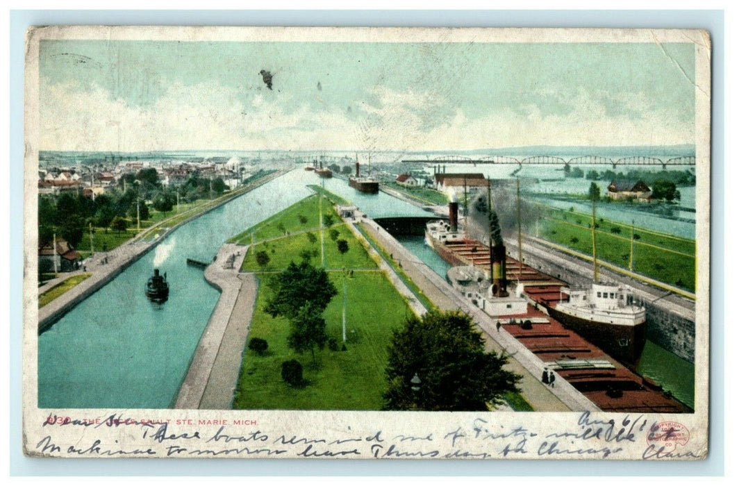 1906 Sault Ste. Marie The Locks Barges Tug Boat Canada Posted Antique Postcard