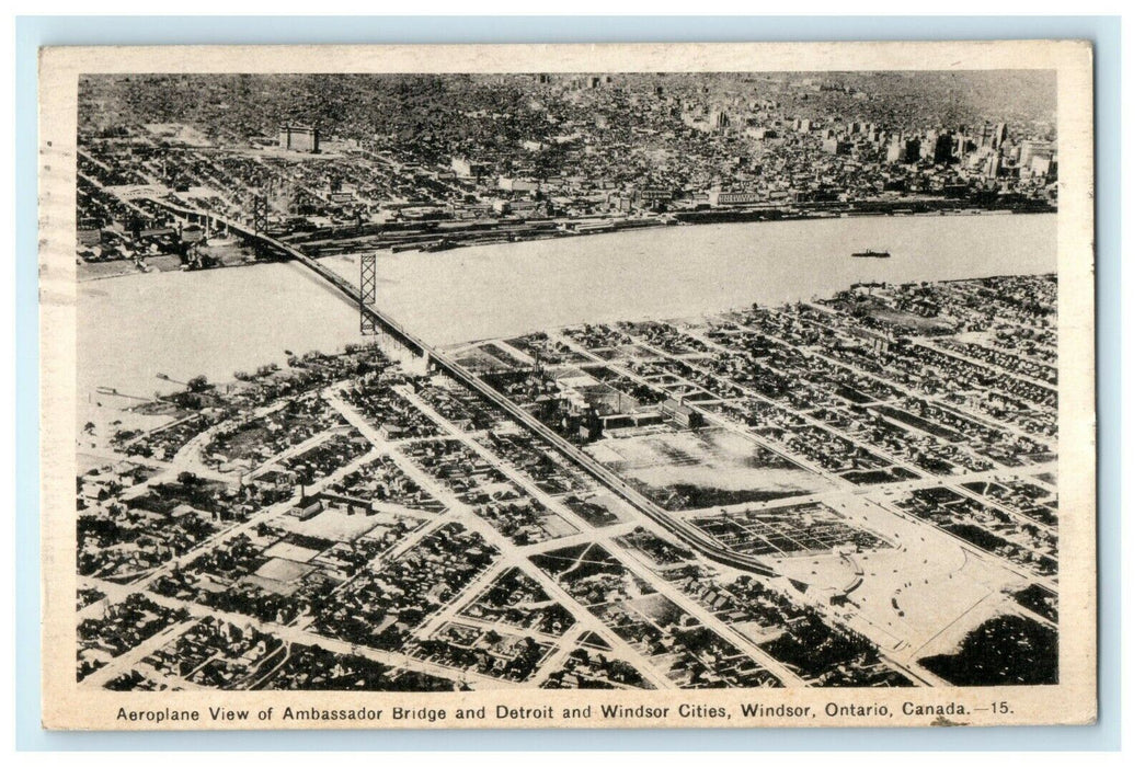 c1938 Aeroplane View Ambassador Bridge Detroit Windsor Ontario Canada Postcard