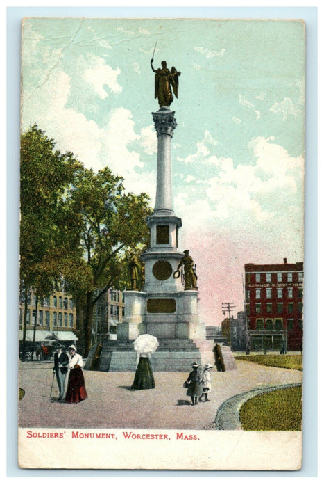 1908 Winnebaco IL Rec'D, Soldiers Monument, Worcester, Massachusetts MA Postcard