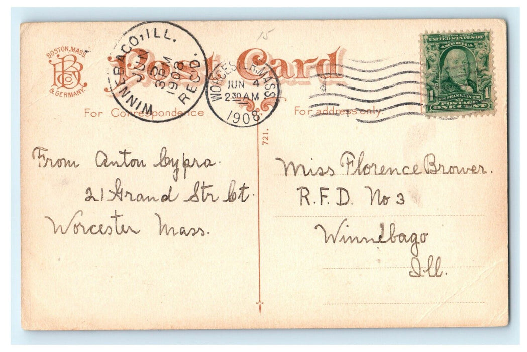 1908 Winnebaco IL Rec'D, Soldiers Monument, Worcester, Massachusetts MA Postcard