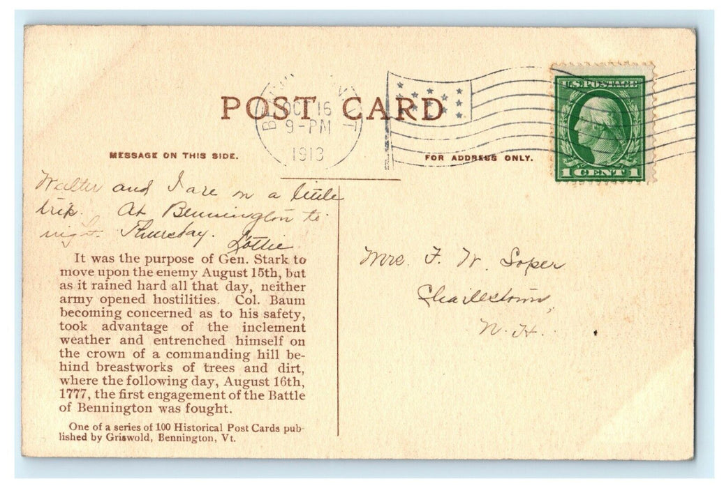 1913 "Molly Stark" Marker, Historic Bennington Vermont VT Postcard