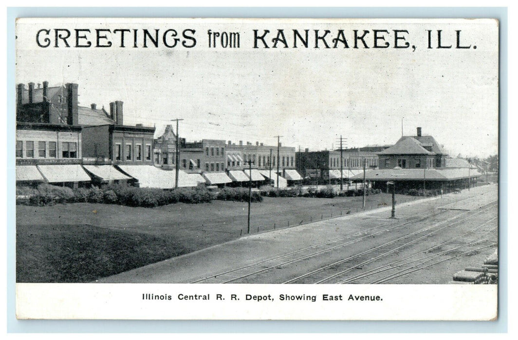 1908 Illinois Central RR Depot, Greetings from Kankakee Illinois IL Postcard