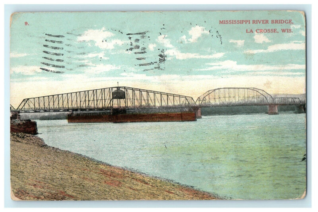 1909 Mississippi River Bridge, La Crosse Wisconsin WI Antique Postcard