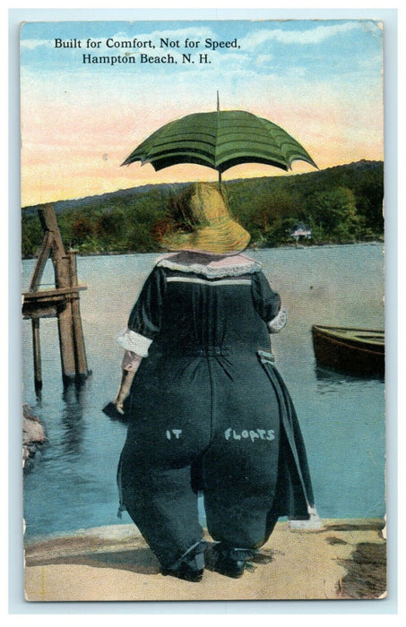 1916 "It Floats" Fat Woman Umbrella Hampton Beach New Hampshire NH Postcard