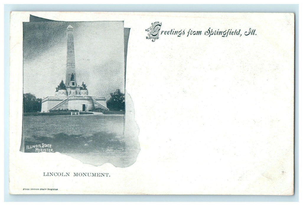 1902 Lincoln Monument, Greetings from Springfield Illinois IL Antique Postcard