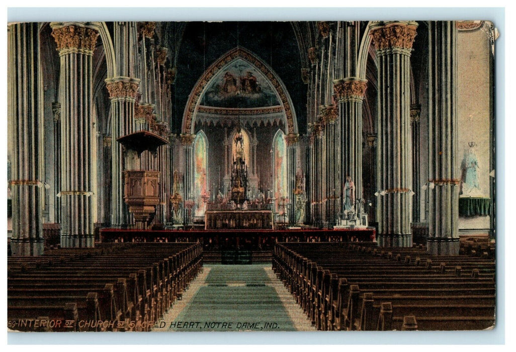 1912 Interior of Church of Sacred Heart, Notre Dame, Indiana IN Postcard