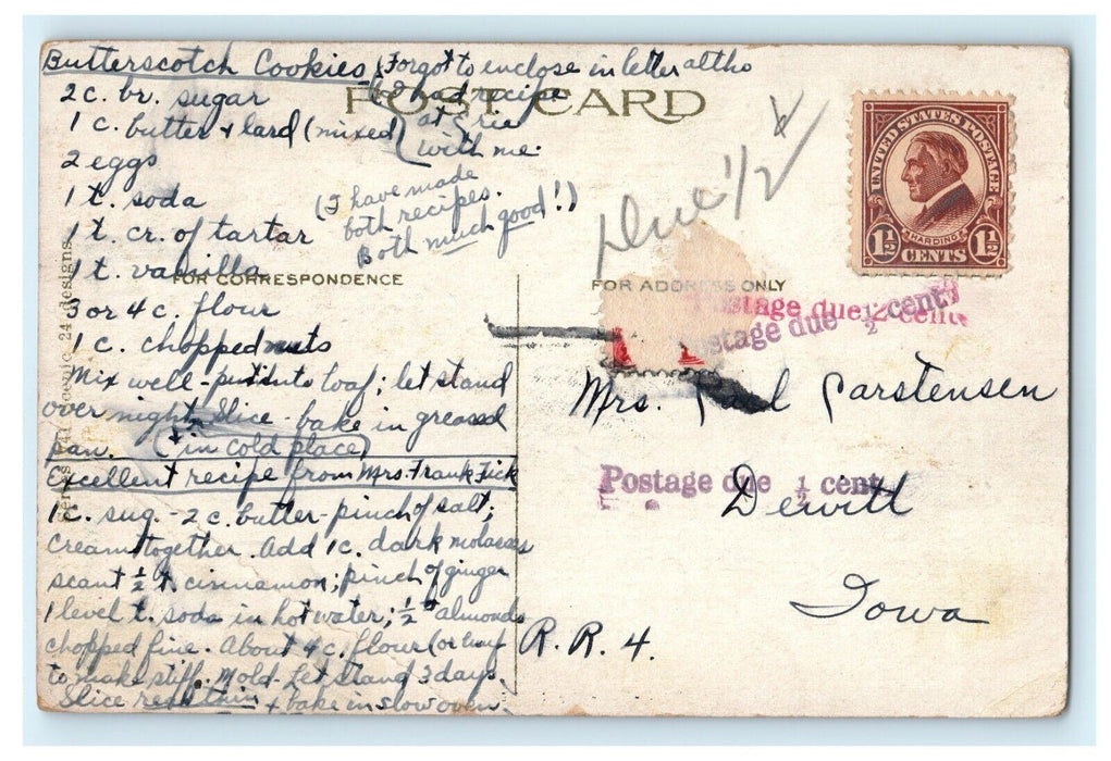 1911 Erie Illinois IL 1/2 Cent Postage Due Butterscotch Cookie Recipe Postcard