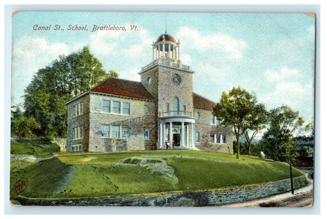 c1908 View of Canal St. School, Brattleboro Vermont VT Antique Postcard