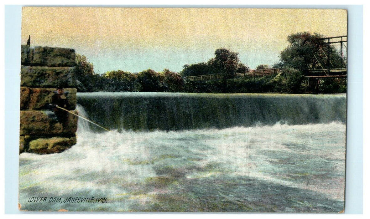 1908 Water Flowing in Lower Dam, Janesville, Wisconsin WI Antique Postcard