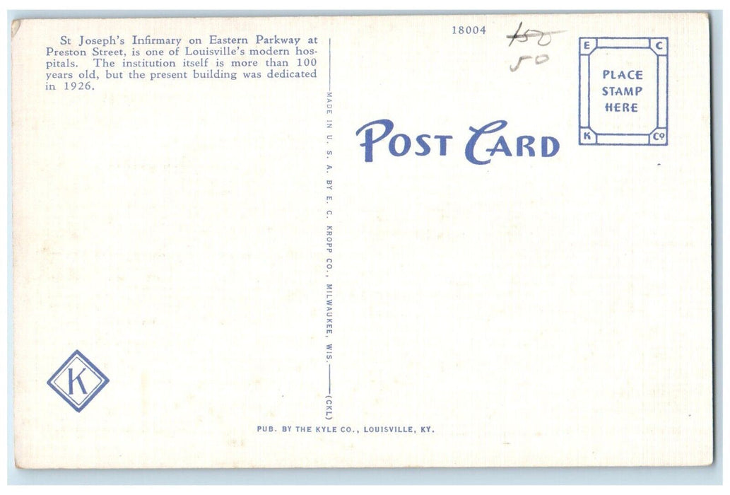 c1930's St. Joseph's Infirmary Building Louisville Kentucky KY Vintage Postcard