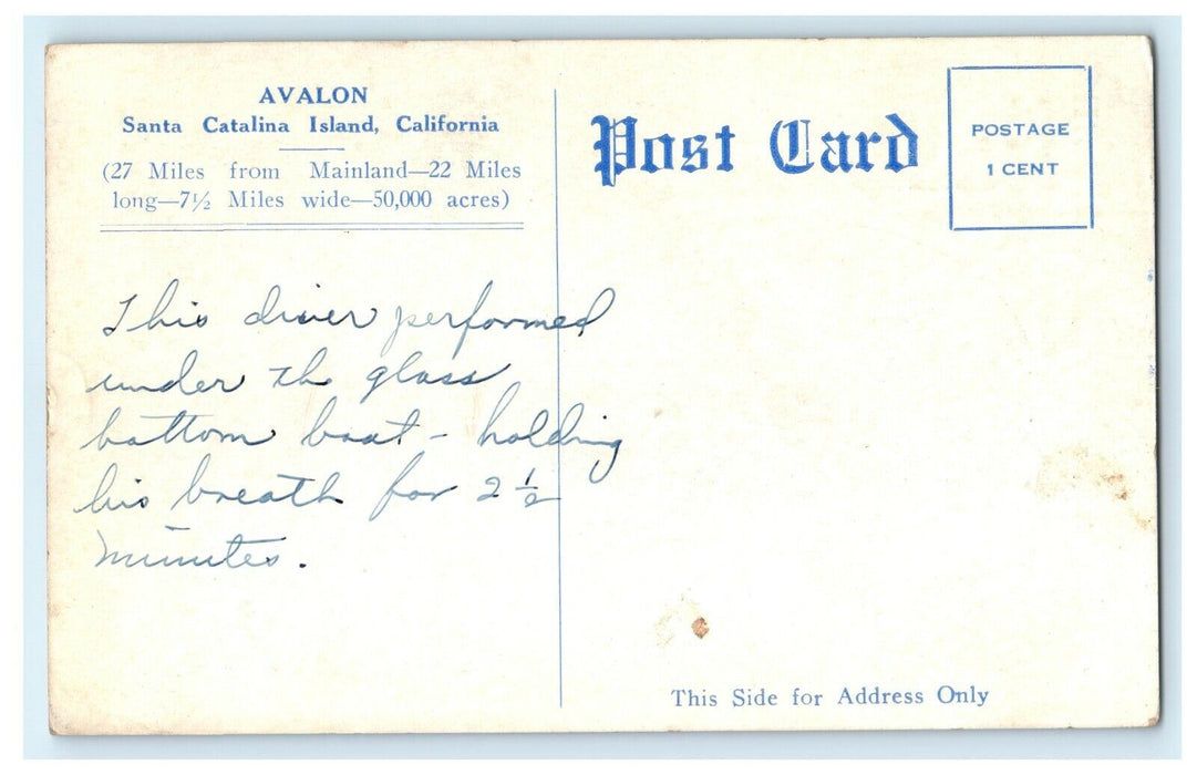 1907 Sam Hernandez, Deep Sea Diver at Catalina, California CA Postcard