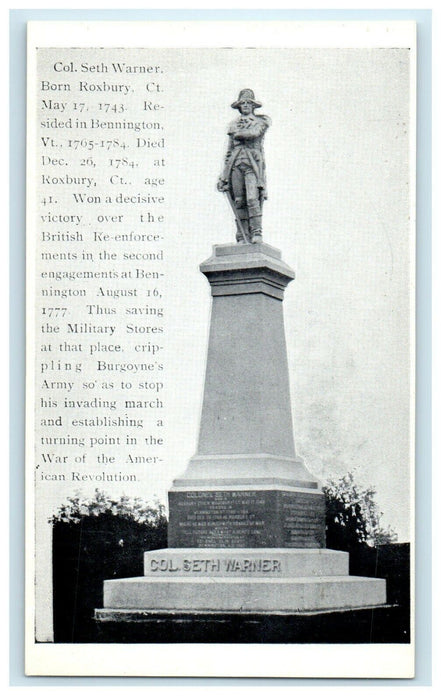 c1907 Col. Seth Warner Statue, Bennington Vermont, Antique Unposted Postcard