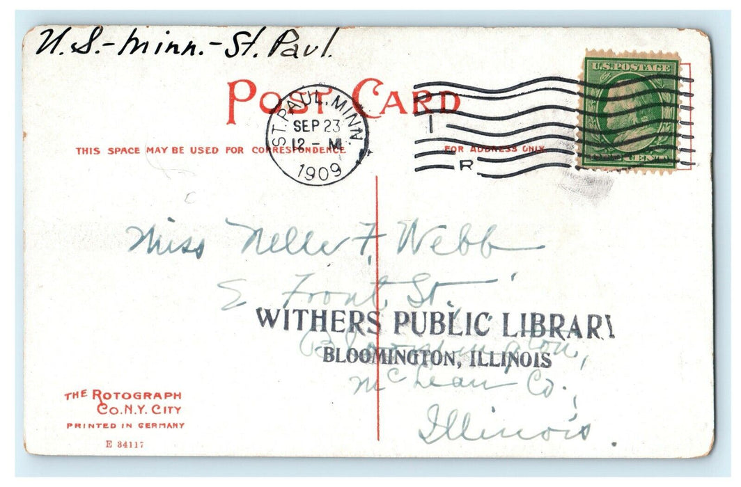 1909 People Walking, Public Library, St. Paul Minnesota MN Antique Postcard