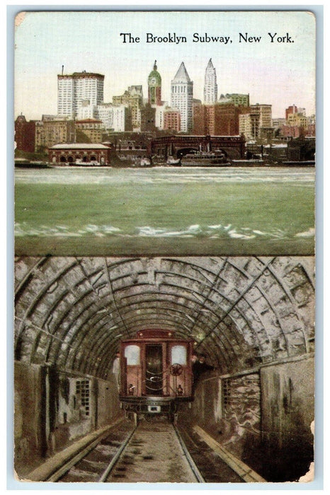 1919 The Brooklyn Subway New York NY, Tunnel Railroad Train Antique Postcard