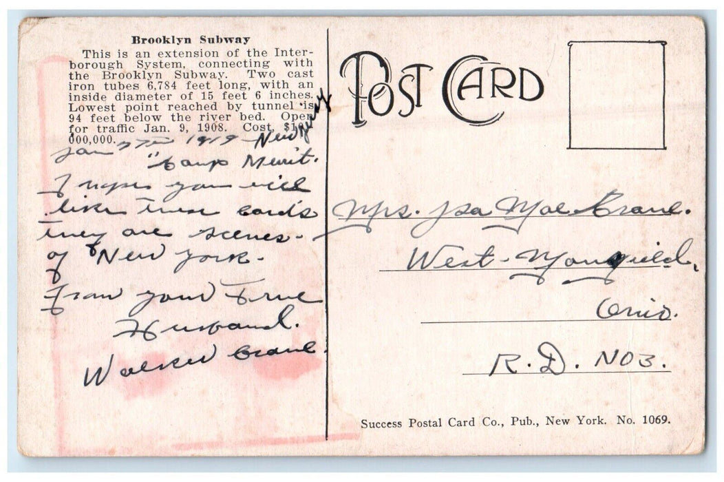 1919 The Brooklyn Subway New York NY, Tunnel Railroad Train Antique Postcard