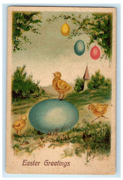 1908 Easter Greetings Giant Egg And Chicks Egg Hanging Decorations Postcard