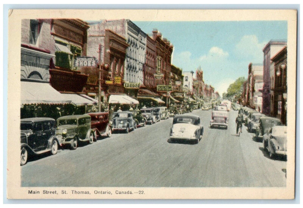 View Of Main Street Cars Sutherland's Shoes St. Thomas Ontario Canada Postcard