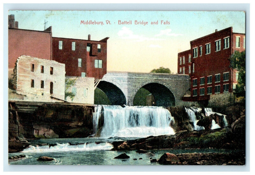 c1910 Battell Bridge And Falls Waterfall Middlebury Vermont VT Antique Postcard