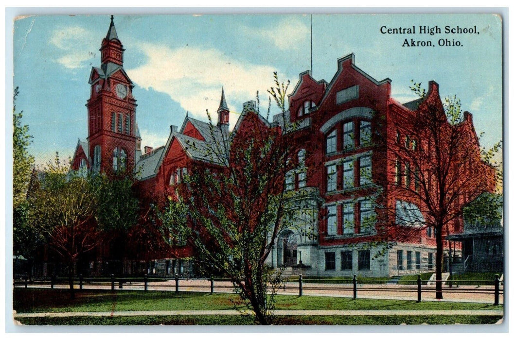 1915 Central High School Building Street View Akron Ohio OH Antique Postcard