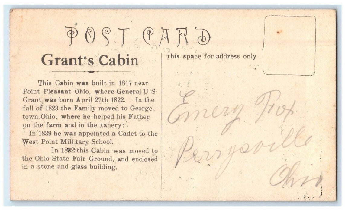 A View Of Grant's Cabin Sketch Point Pleasant Ohio OH Antique Postcard