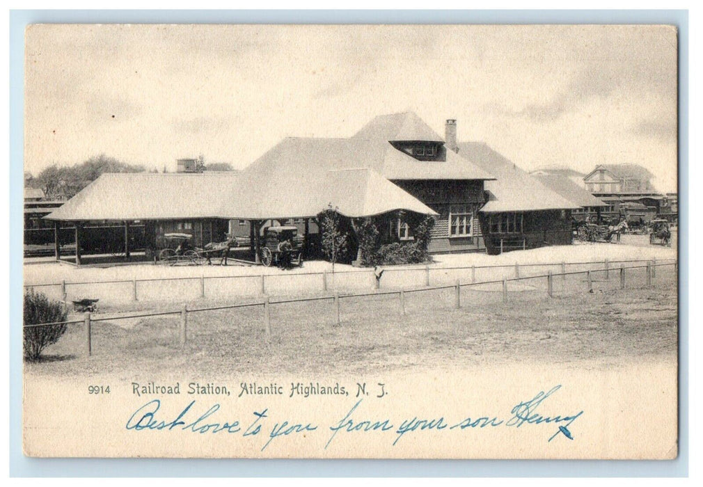 c1905 Railroad Train Station Depot Horse Carraige Atlantic Highlands NJ Postcard