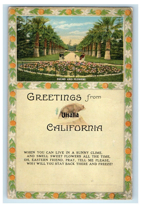 1915 Greetings From Visalia California CA, Palms And Flowers Antique Postcard