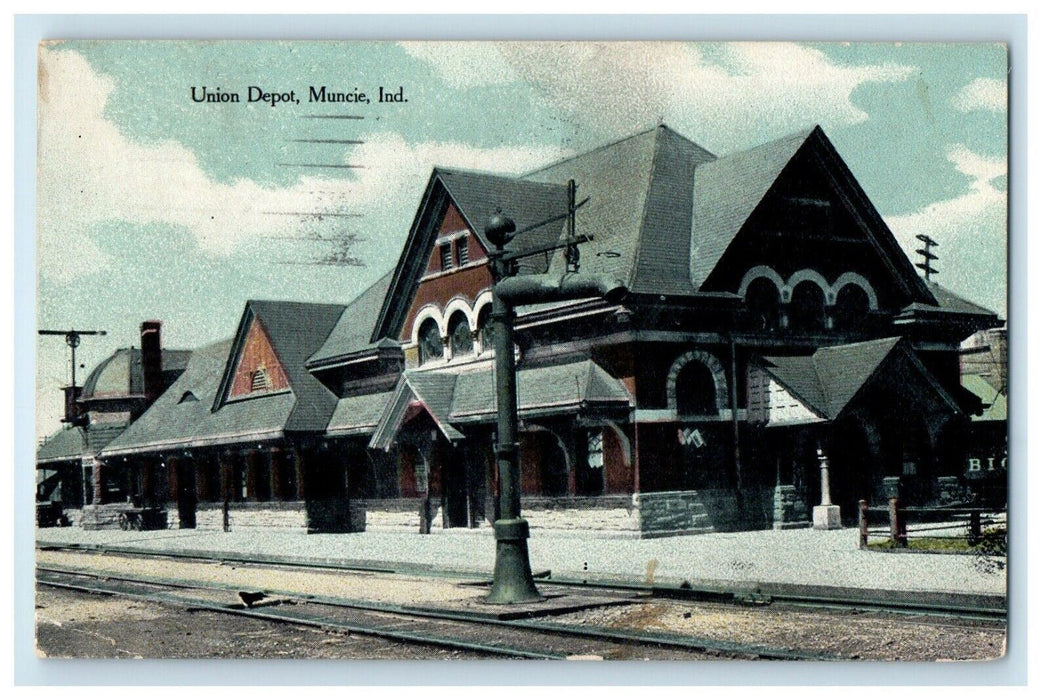 1911 Union Depot Train Station Railroad Muncie Indiana IN Antique Postcard