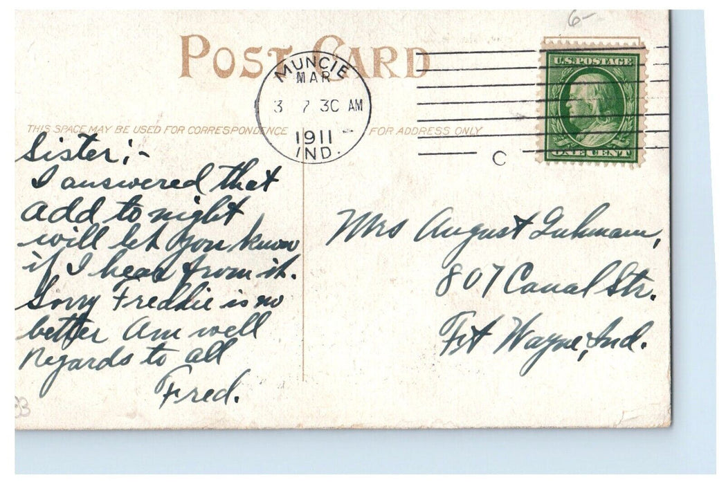 1911 Union Depot Train Station Railroad Muncie Indiana IN Antique Postcard