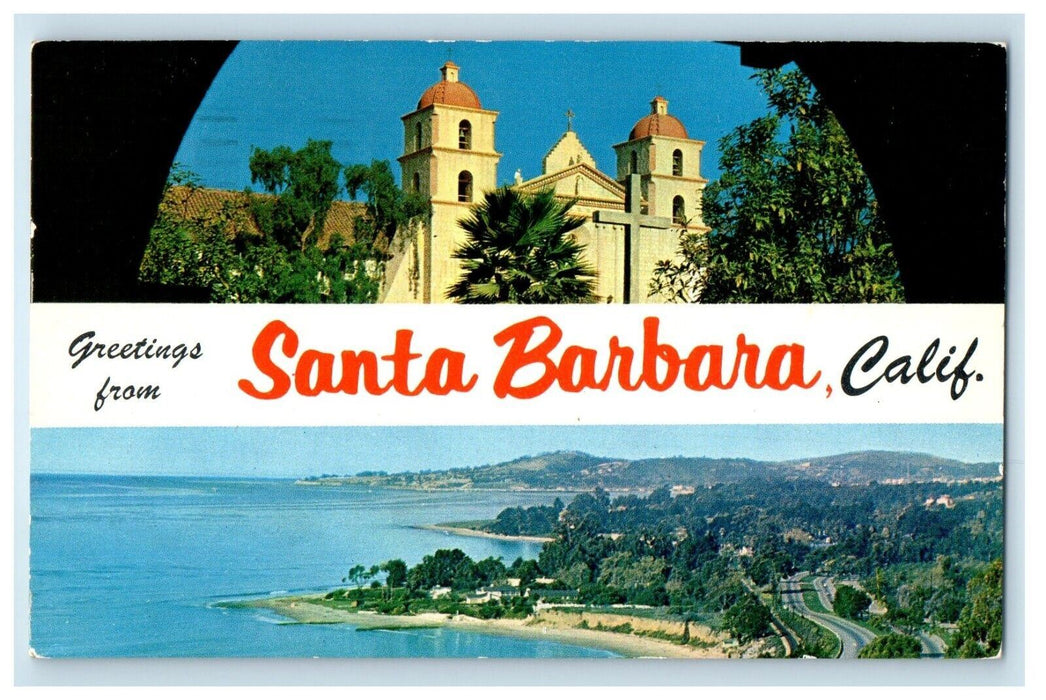 1957 Greetings From Santa Barbara California CA, Split View Banner Postcard