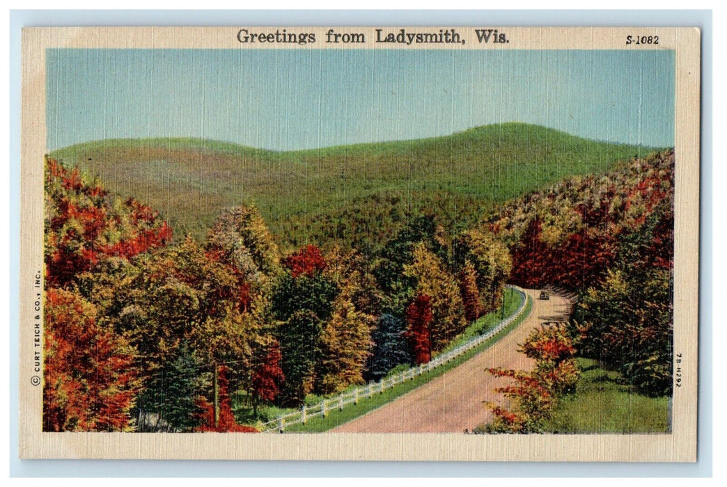 c1930's Greetings From Ladysmith Wisconsin WI, Road View Cars Vintage Postcard