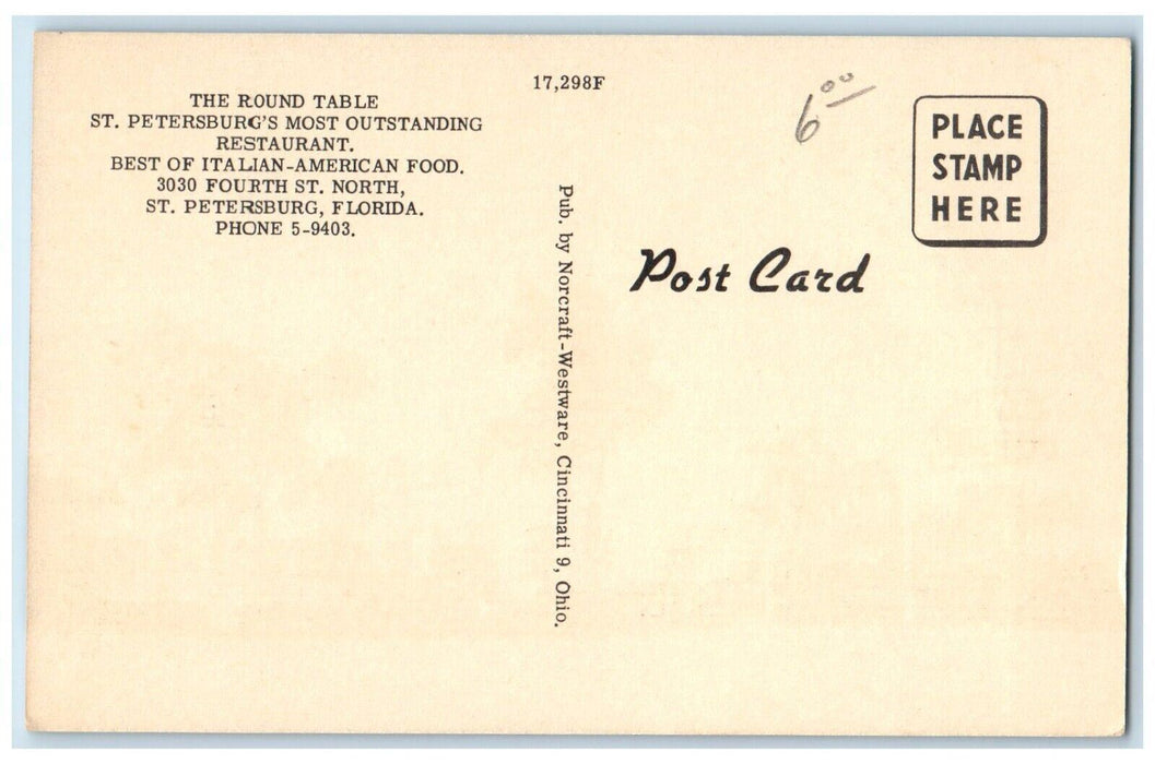 c1950's Round Table Restaurant Street Scene St. Petersburgh Florida FL Postcard