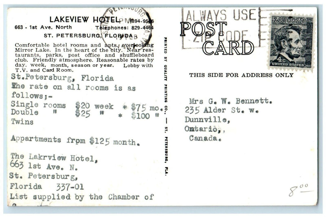 1967 Lakeview Hotel And Car Advertising St. Petersburgh Florida FL Postcard