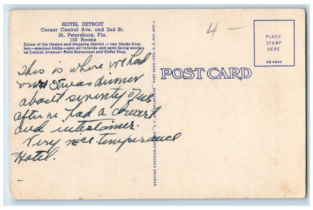 c1940's Hotel Detroit Cars Street View St. Petersburgh Florida FL Postcard