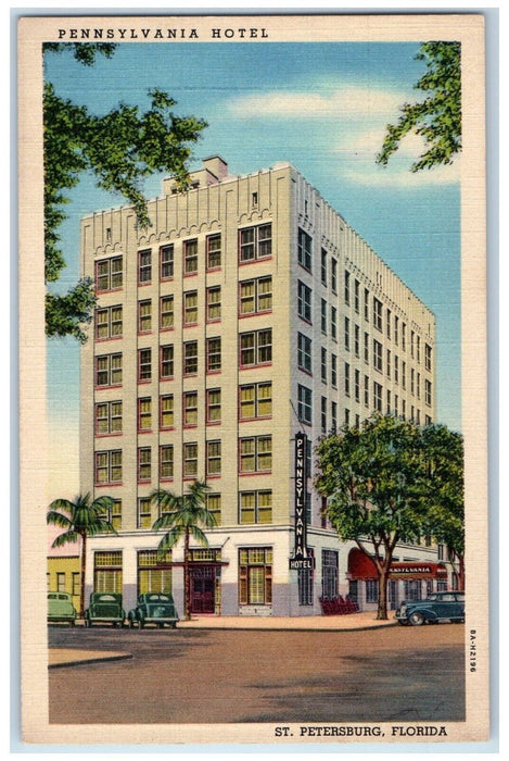 c1930's Pennsylvania Hotel Building Cars St. Petersburgh Florida FL Postcard