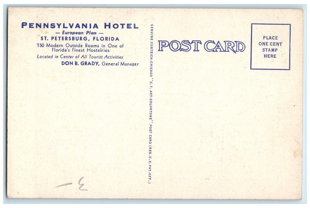 c1930's Pennsylvania Hotel Building Cars St. Petersburgh Florida FL Postcard