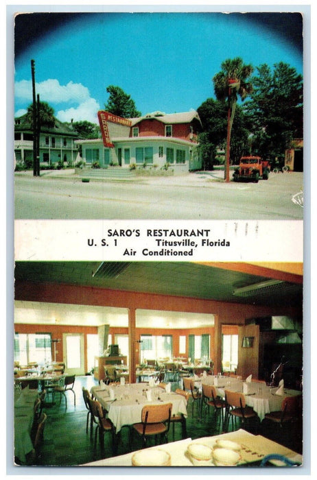 1956 Saro's Restaurant Dining Room Titusville Florida FL Dual View Postcard