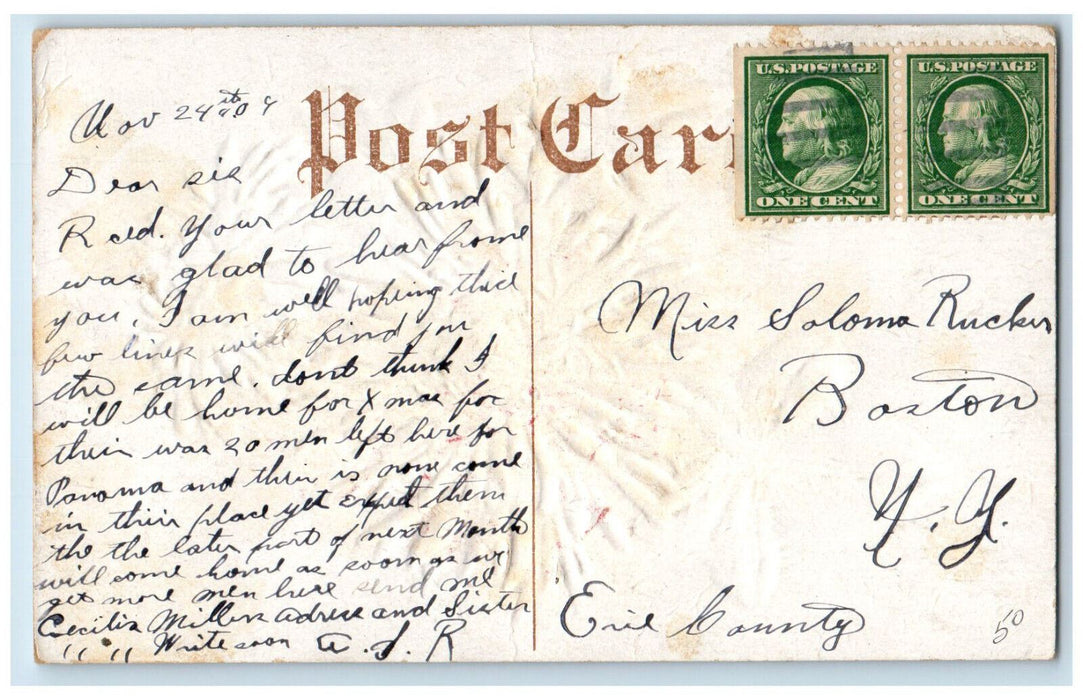 c1910 Greetings from Port Royal SC Canada Floral Embossed Posted Postcard