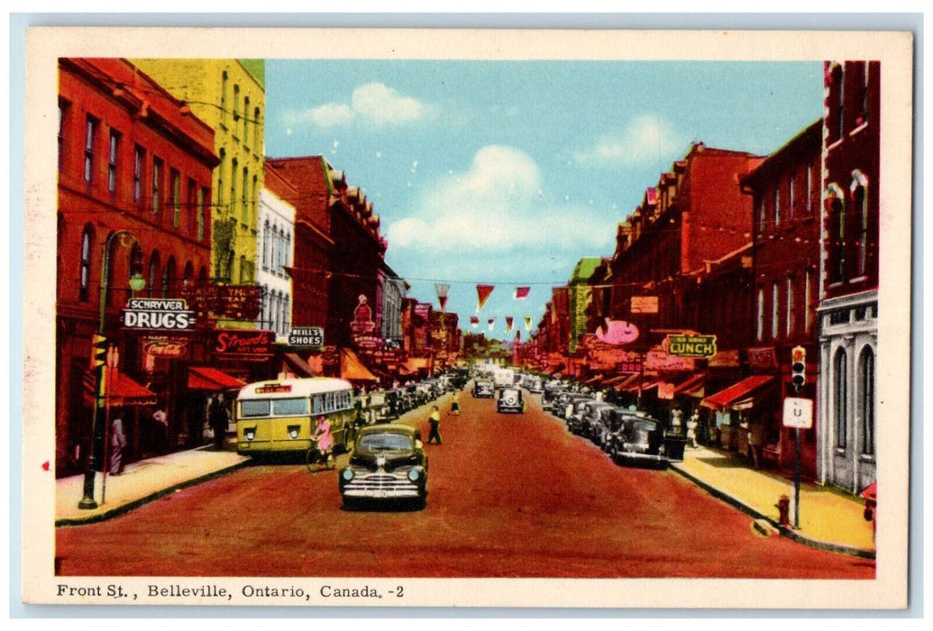 c1940's Drugstore Heill's Shoes Front St. Belleville Ontario Canada Postcard