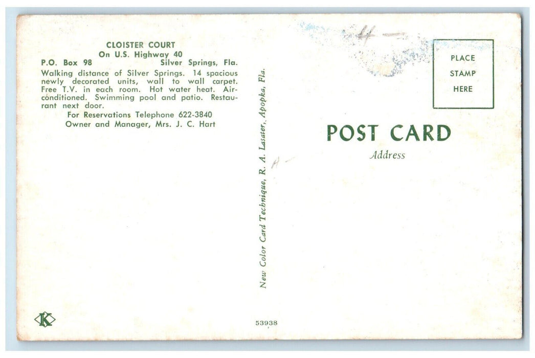 c1950's Cloister Court Motel Swimming Pool Silver Springs FL, Dual View Postcard