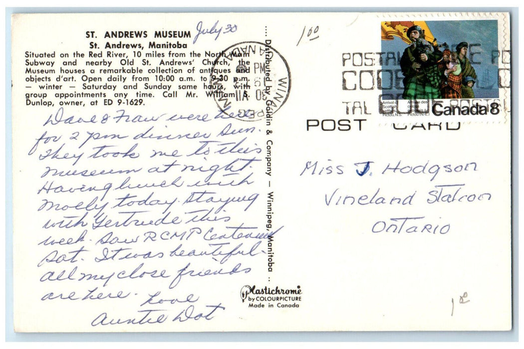 1973 St. Andrews Museum St. Andrews Manitoba Canada Vintage Posted Postcard