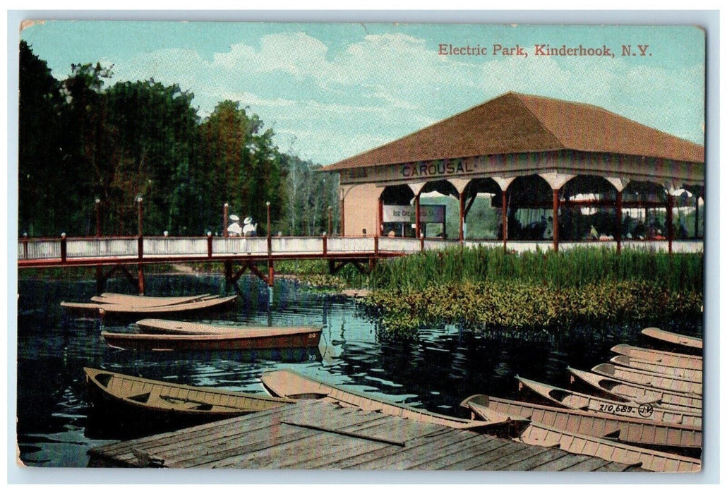 1911 Electric Park Carousal Canoe Boat Bridge Dock Kinderhook New York Postcard