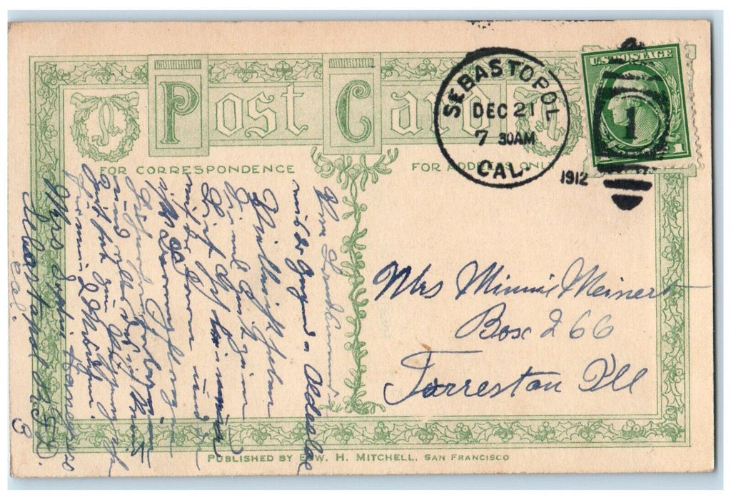 1912 Christmas Greetings From Sebastopol California CA Golden Gate Park Postcard